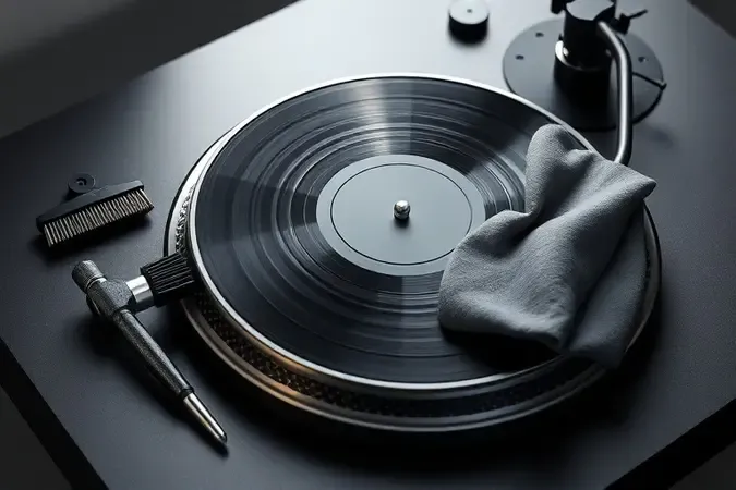 Ferramentas de manutenção para toca-discos e discos de vinil em renderização 3D conceitual.