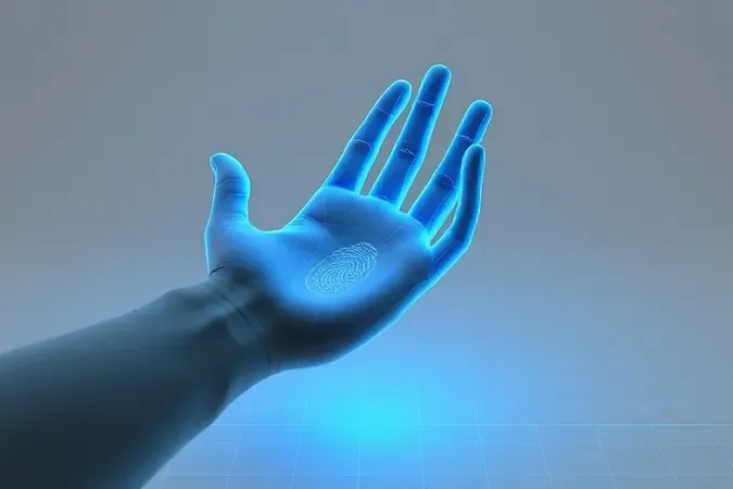Renderização 3D conceitual de mão humana com linhas de escaneamento biométrico digital em tons neutros e azul suave.