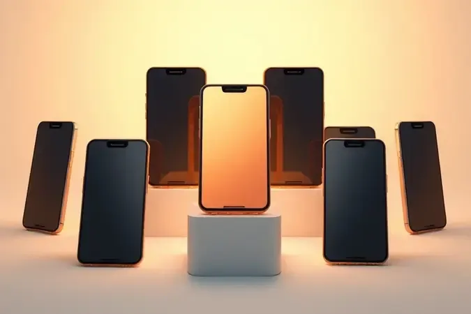 Composição conceitual de smartphones com destaque para um dispositivo líder representando marca que mais vende celular
