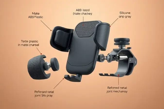 Vista explodida artística dos componentes e materiais de um suporte veicular: plástico ABS, silicone e metal em renderização 3D.