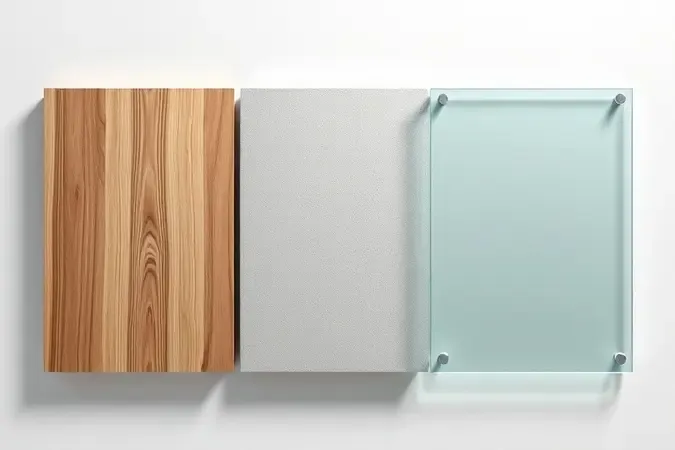 Amostras de materiais para mesa em L: madeira natural, MDF fosco e vidro temperado em composição elegante.