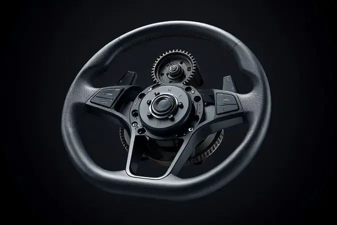 Visualização conceitual 3D em corte do mecanismo interno de force feedback com correias, engrenagens e motor de um volante de corrida.