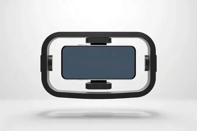Renderização 3D do mecanismo de estabilização de três eixos de um gimbal com anéis metálicos orbitando um smartphone central.