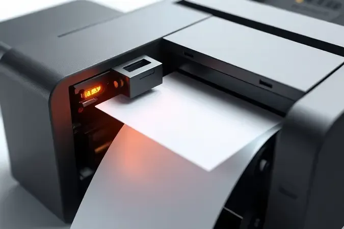 Renderização 3D em corte transversal de cabeça de impressão térmica aquecendo papel em branco com brilho alaranjado sutil.