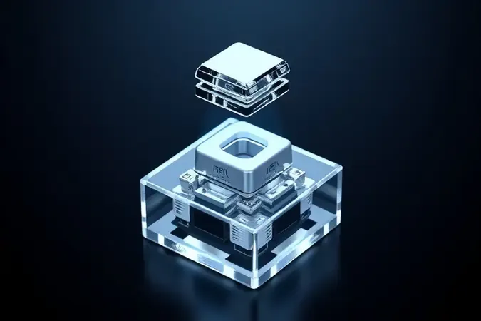 Render 3D do mecanismo interno de switch óptico com feixe de luz infravermelha visível atravessando o invólucro transparente.