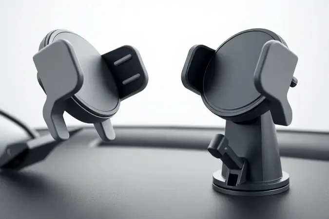 Comparação conceitual entre mecanismos de fixação para suporte veicular: presilha de ventilação e ventosa com trava em renderização 3D.
