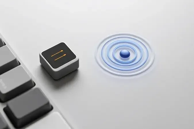 Render 3D conceitual de medidor de decibéis ao lado de tecla com ondas sonoras translúcidas representando nível de ruído.