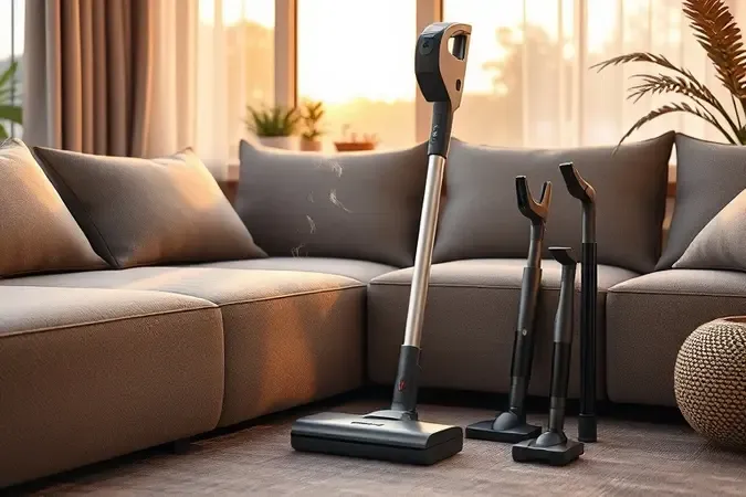 Renderização 3D conceitual de aspirador vertical sem marca em ambiente pet-friendly com elementos visuais de pelos sendo capturados.