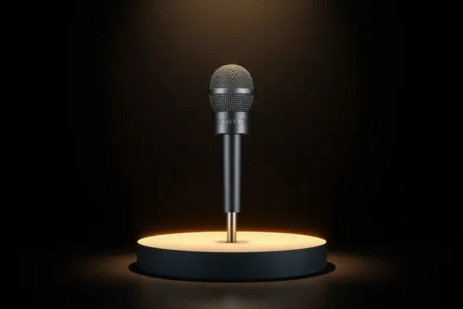 Microfone de lapela premium em pedestal minimalista com iluminação dramática representando a melhor escolha do mercado.
