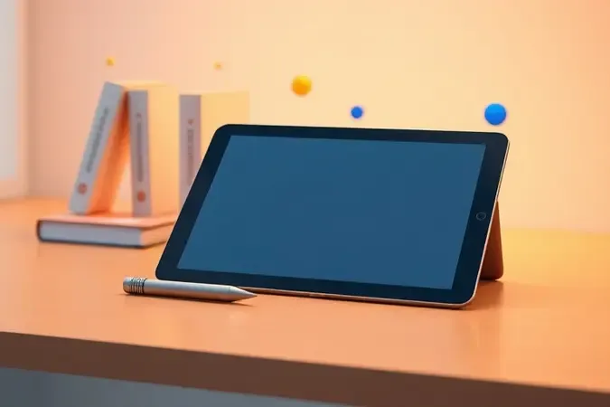 Tablet sem marca com caneta stylus em mesa limpa, ambiente conceitual de estudos com iluminação suave e tons quentes.