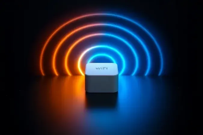 Conceito 3D de adaptador Wi-Fi emitindo ondas de sinal concêntricas e luminosas, representando dicas visuais para otimizar a conexão sem fio.