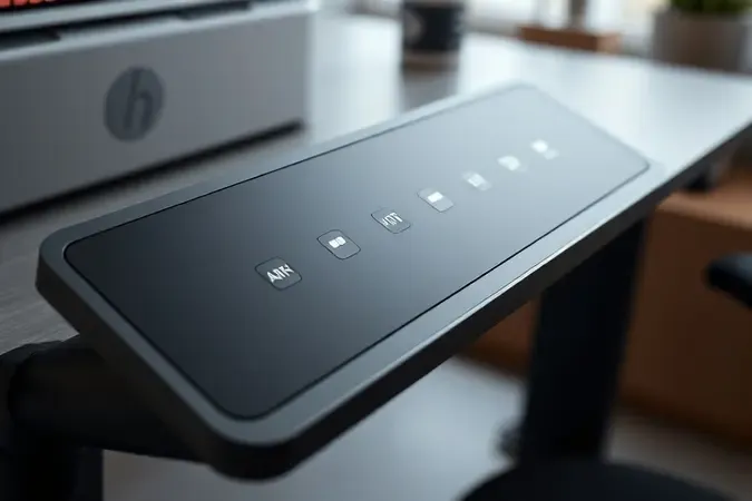 Painel de controle com memória de altura em mesa regulável moderna, close-up conceitual com design minimalista.