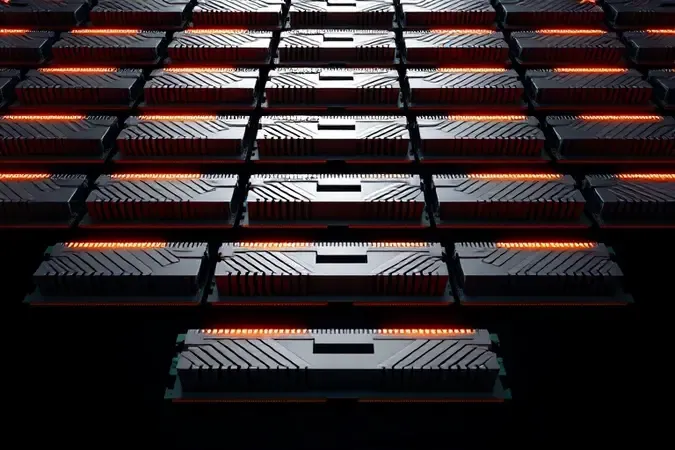Render 3D conceitual de módulos de memória DDR5 com dissipadores metálicos e iluminação em tons de prata e cobre.