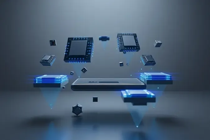 Renderização conceitual 3D de módulos de memória e armazenamento flutuantes com fluxos de dados em fundo neutro tecnológico.