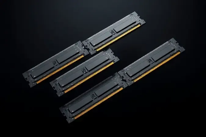 Renderização 3D de módulos de memória flutuantes com contatos metálicos dourados em composição geométrica minimalista.