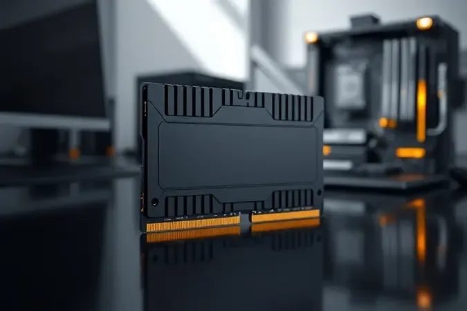 Render 3D de um módulo de RAM DDR4 com dissipador elegante sobre superfície escura, simbolizando desempenho e qualidade em ambiente moderno.