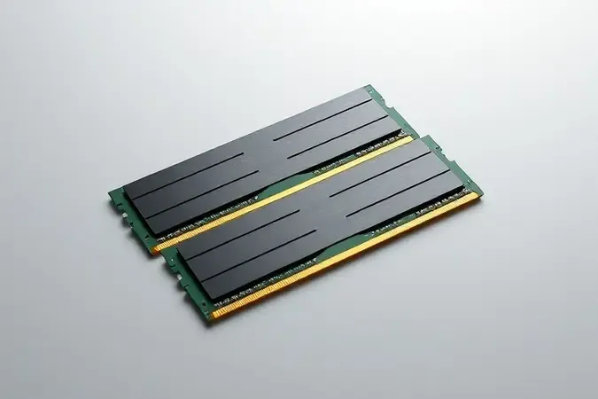 Render 3D de módulos de memória RAM com dissipadores metálicos em composição minimalista sobre superfície clean para guia de notebooks