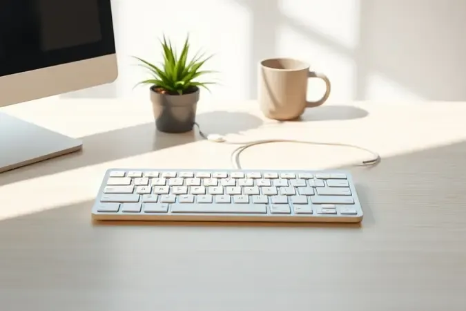 Mesa limpa e organizada com teclado sem fio sem marca ao centro, sem cabos visíveis, em ambiente minimalista.