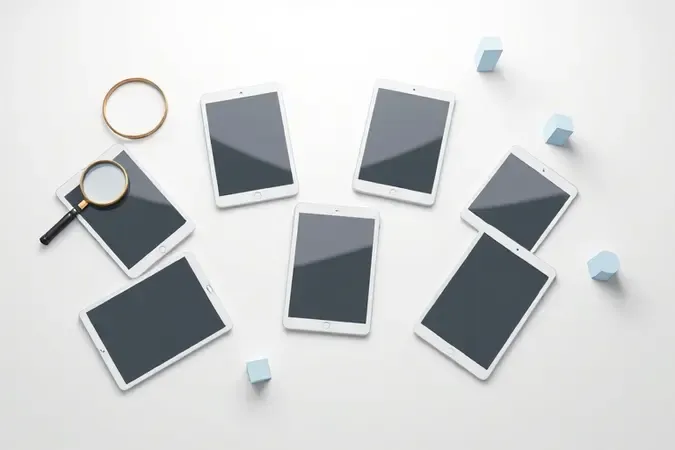 Dispositivos tablet organizados em superfície branca limpa representando processo de seleção e avaliação criteriosa