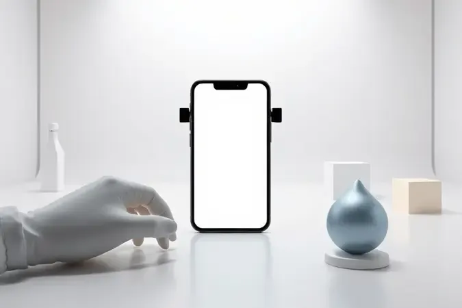 Composição 3D conceitual de smartphone genérico em ambiente de teste e avaliação de câmera com iluminação difusa.