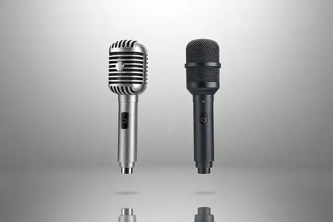 Comparação conceitual em 3D entre microfone condensador e dinâmico sem fio lado a lado em ambientação minimalista.