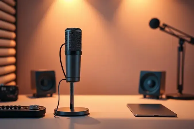 Render 3D conceitual de microfone dinâmico em setup de estúdio moderno com painéis acústicos abstratos ao fundo.
