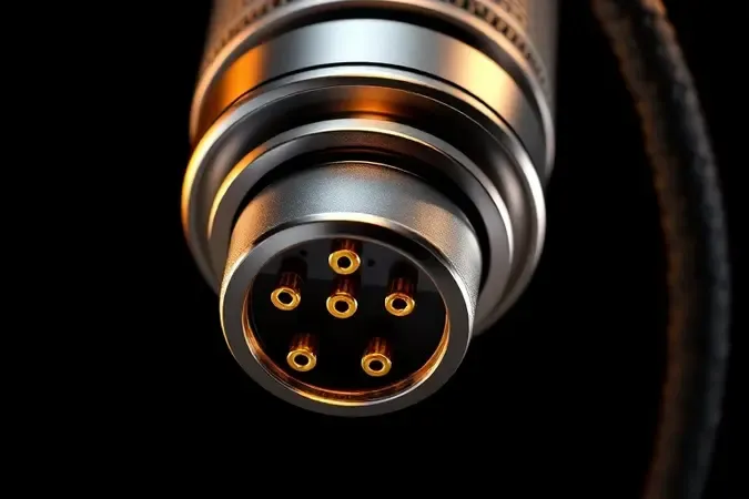 Close-up conceitual em 3D de microfone profissional sem marca com conector XLR de três pinos dourados e cabo trançado.