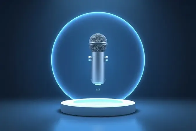 Renderização 3D conceitual de microfone sem fio protegido por barreira de sinal luminosa contra interferências em ambiente limpo e moderno.