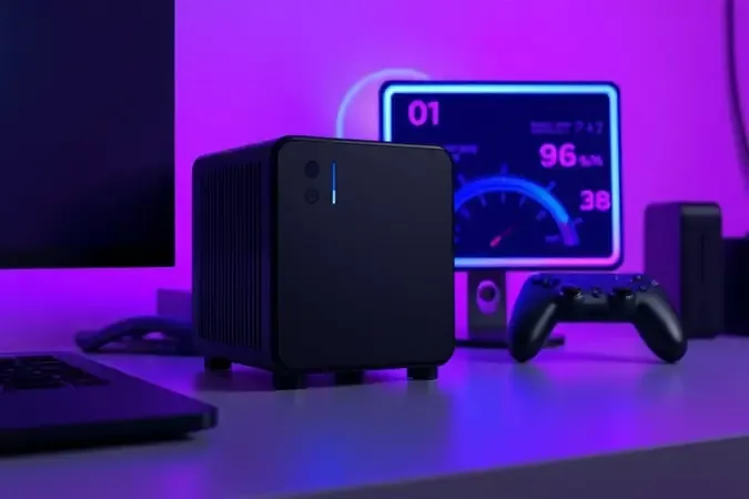 Renderização 3D conceitual de mini PC compacto com elementos abstratos de gaming, iluminação azul e roxa sutis em ambiente premium.