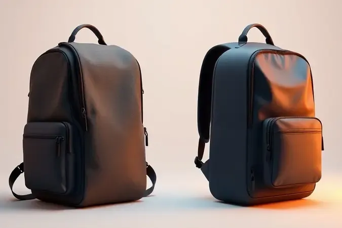 Comparação lado a lado entre mochila antifurto de viagem maior e mochila urbana compacta em render 3D conceitual.