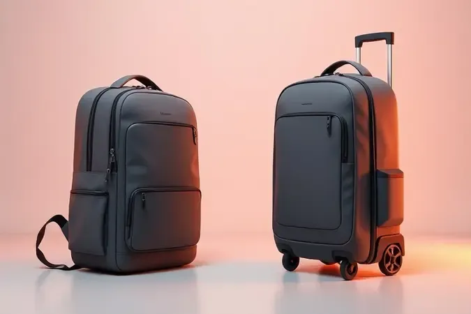Comparação entre mochila para notebook tradicional e mochila com rodas em renderização 3D conceitual lado a lado.