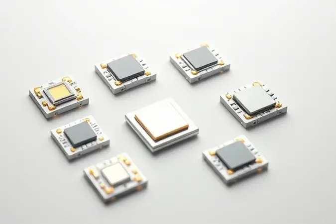 Representação conceitual em close-up de diferentes modelos de chips de LED sobre superfície neutra
