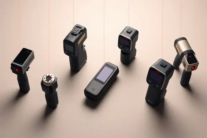Render 3D com diferentes modelos de trenas a laser lado a lado destacando variações de design e materiais em composição clean.