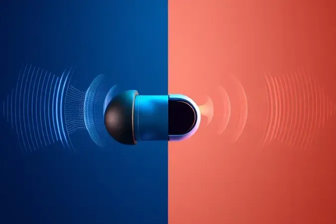 Render 3D conceitual comparando cancelamento de ruído ativo e modo ambiente em fone de ouvido sem marca para uso em academia.