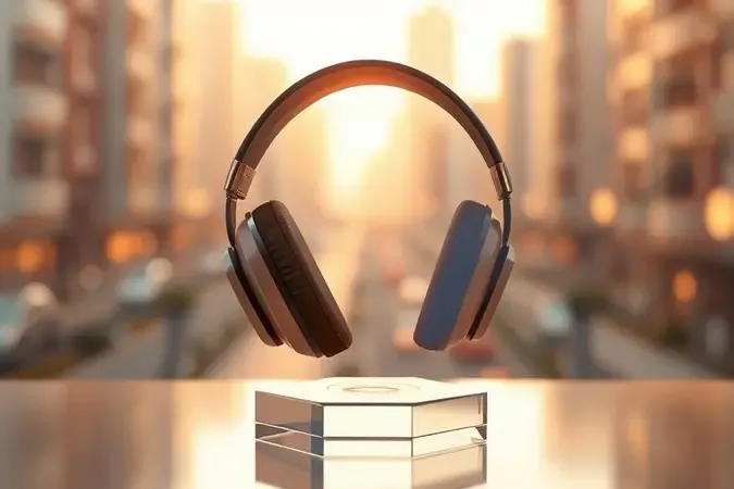 Cena conceitual 3D de fone de ouvido com raios de luz atravessando o material para representar o modo transparência e consciência ambiental.