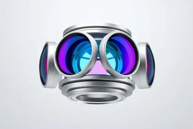 Render 3D conceitual de módulo de câmera com lentes de vidro e detalhes metálicos