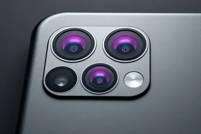 Close-up conceitual de módulo de câmera de smartphone genérico com lentes geométricas e superfícies de vidro sob luz direcional suave.