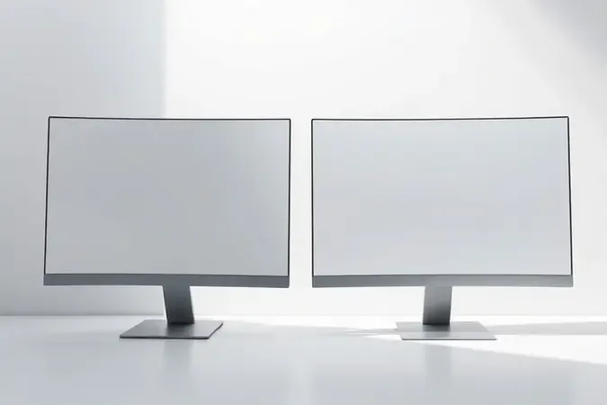Comparação conceitual 3D entre monitor curvo e plano para edição de fotos com design minimalista.