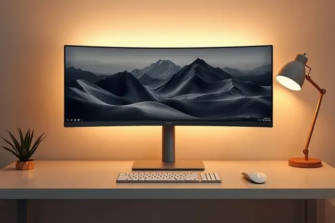 Render 3D de monitor curvo ultra-amplo sem marca em mesa moderna com iluminação lateral suave e atmosfera sofisticada.