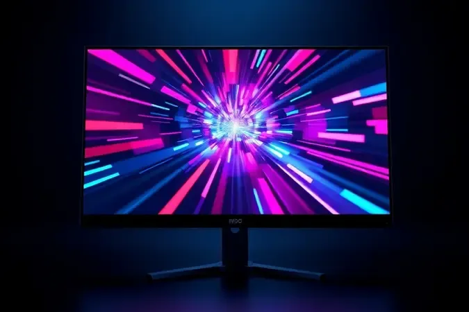Monitor Full HD exibindo cena gamer abstrata em renderização 3D com iluminação dinâmica.