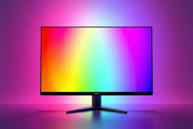 Render 3D de monitor com painel IPS exibindo amplo espectro de cores vibrantes e realistas com alto ângulo de visão para imersão total.