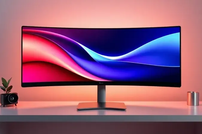 Monitor ultrawide curvo conceitual em render 3D sobre mesa moderna com iluminação sofisticada destacando formato panorâmico.