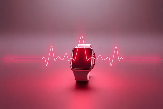 Render 3D conceitual de monitoramento cardíaco com linha de pulso brilhante emanando de silhueta de dispositivo de pulso sobre superfície limpa.