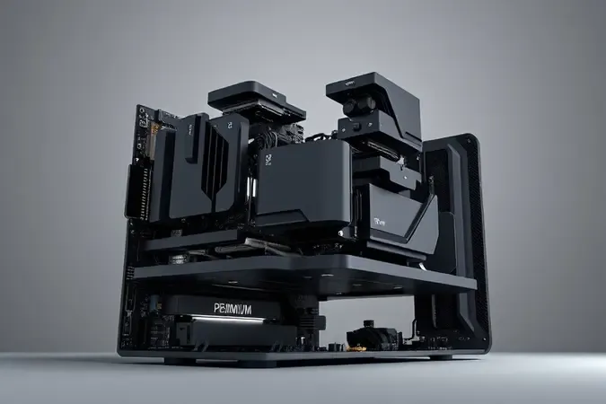 Conceito 3D de montagem de computador sem ferramentas com componentes modulares e encaixes rápidos em design limpo.