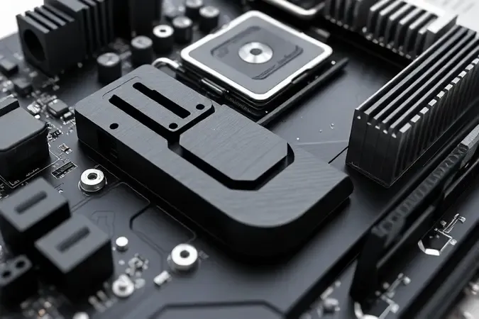 Detalhe conceitual de placa-mãe moderna com slot M.2 e mecanismos de instalação sem uso de ferramentas em renderização 3D.