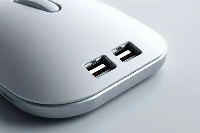 Close-up conceitual de mouse bungee com múltiplas portas USB integradas na base, destacando conectividade e design funcional.