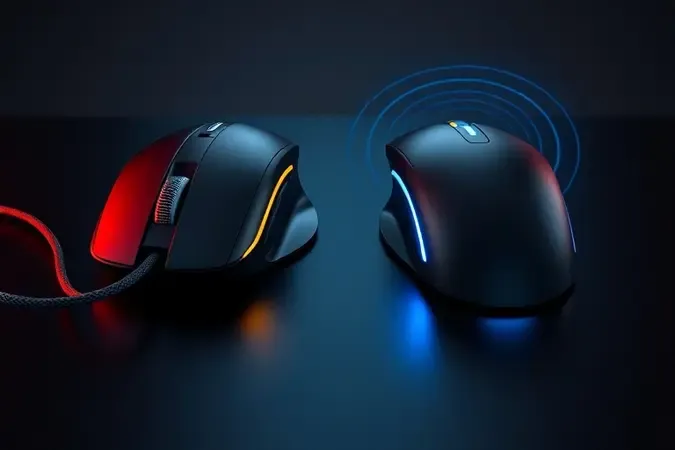 Comparação conceitual 3D entre mouse gamer com fio e mouse sem fio lado a lado com iluminação contrastante.
