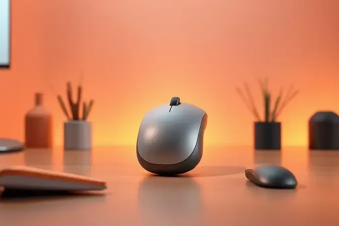 Renderização 3D conceitual de mouse ergonômico em ambiente de trabalho moderno com design curvilíneo e iluminação acolhedora.