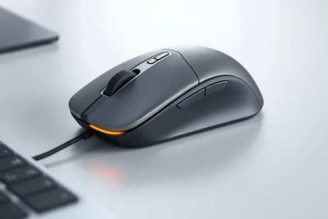 Mouse vertical ergonômico com design escultural destacando conforto e posição natural da mão em mesa limpa.