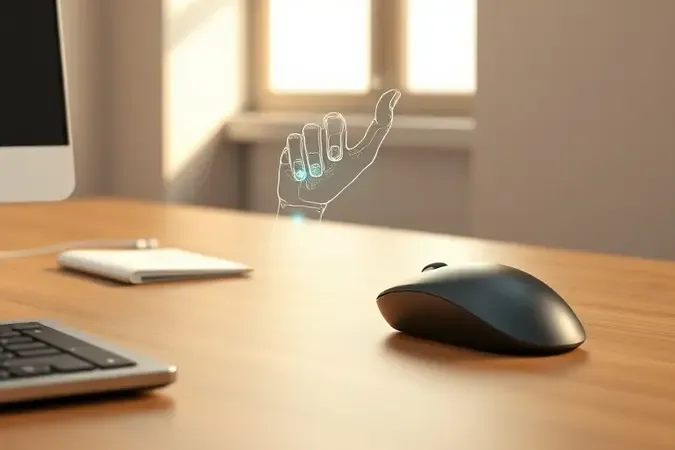 Mouse ergonômico vertical conceitual em render 3D sobre mesa de escritório com indicação de alinhamento natural do pulso.
